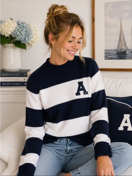 Abercrombie & Fitch Sweaters - Abercrombie & Fitch Navy Striped Sweater Size M Preppy Coastal Nautical Academia